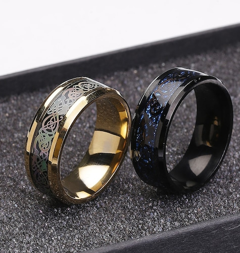 Men Set Of 2 Gold-Plated & Black Dragon Celtic Signet Finger Rings